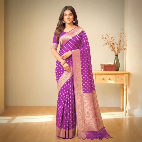 Sky Blue Floral Satin Meenakari work Banaras Soft Silk Saree